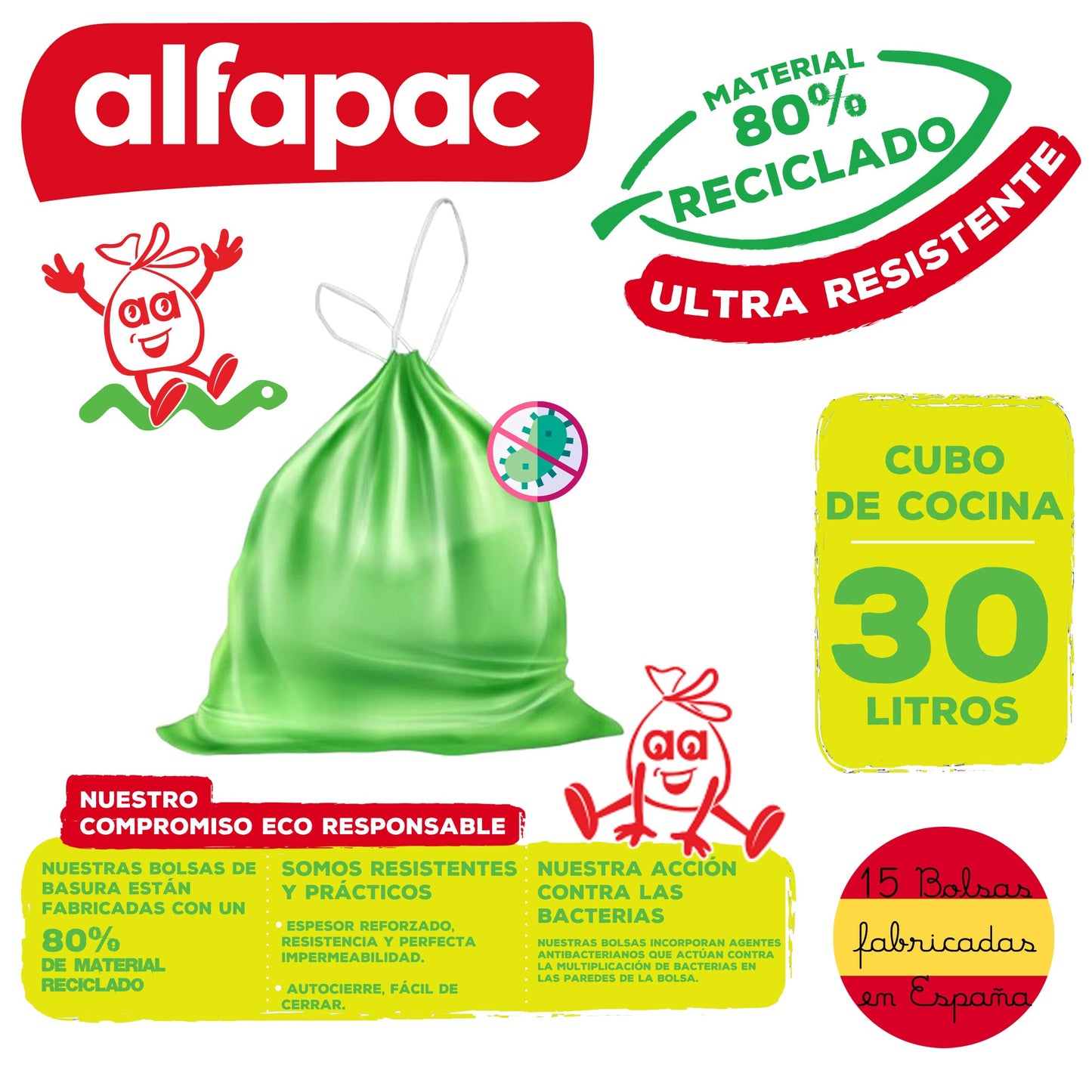 80% Reciclado 3 Rollos De 15 Bolsas De Basura 'antibacterias' 30l Con Autocierre_1