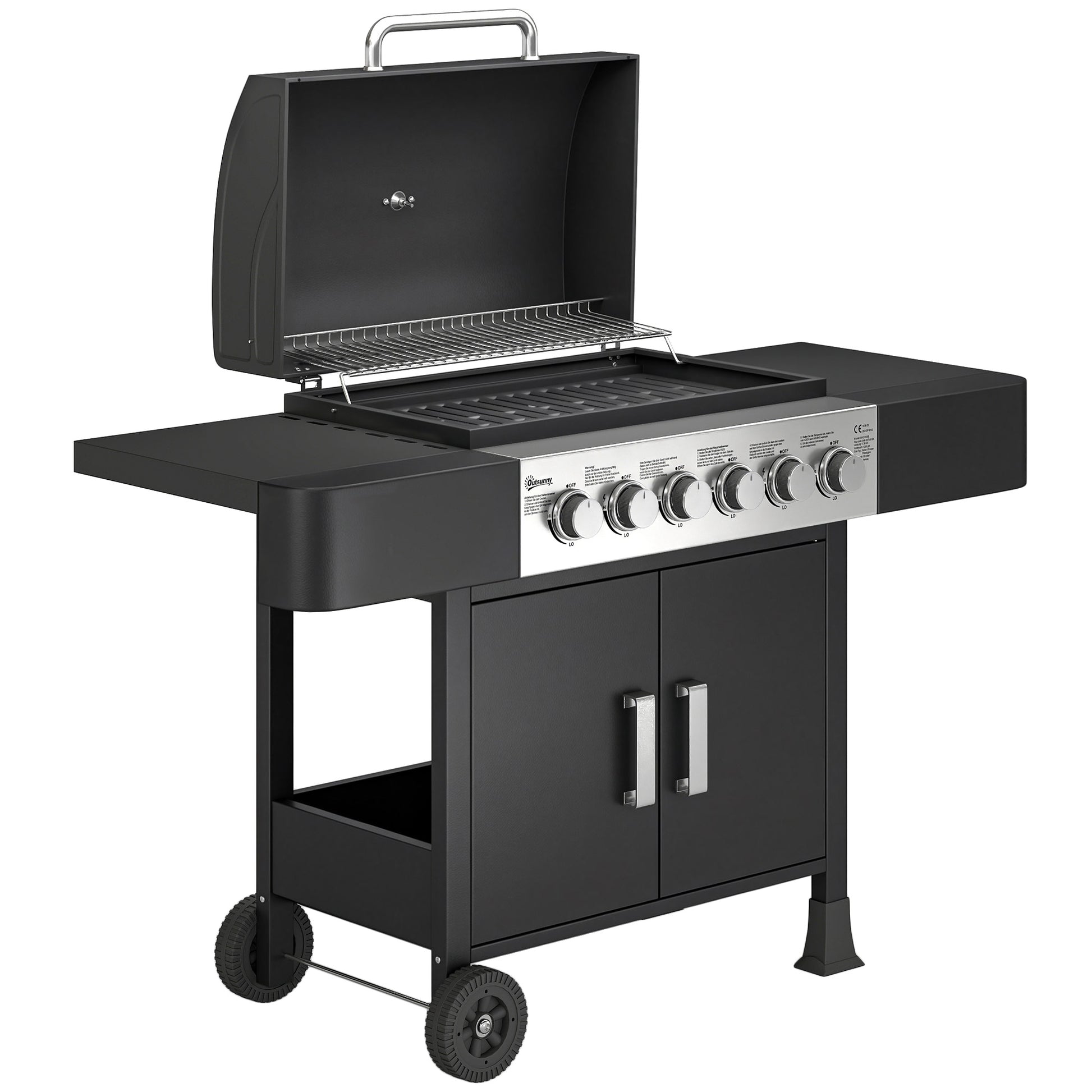 Outsunny Barbacoa De Gas Con 6 Quemadores 15 Kw Termómetro Mesas Laterales Negro_0