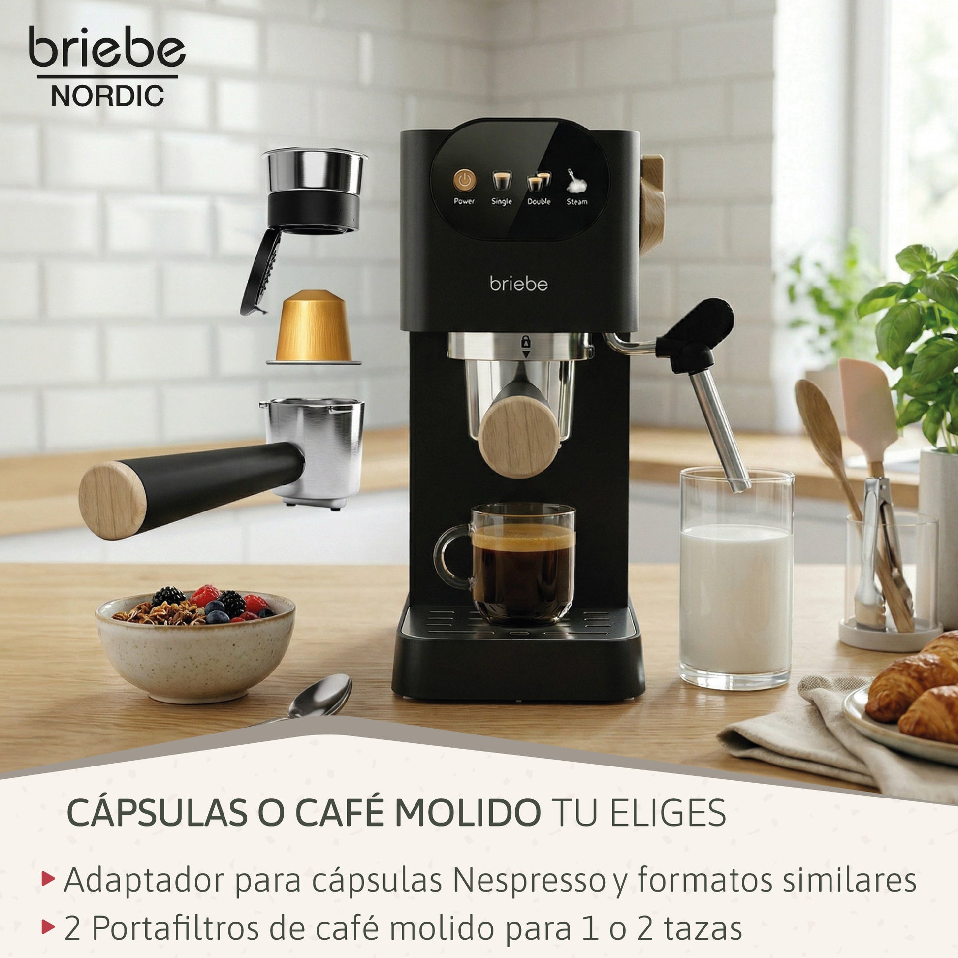 Briebe Nordic Set Cafetera 20 Bares Cápsulas, Café Molido Espumador Leche Tostadora 2 Rebanadas Anchas, Skt1221blk,negro_5