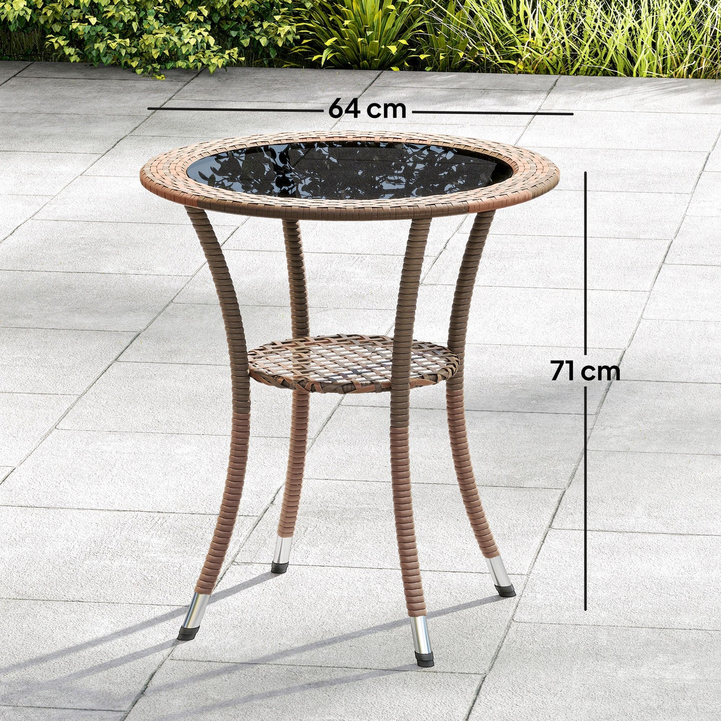 Outsunny Mesa De Ratán Redonda Ø64x71 Cm Con Estante Marco De Acero Marrón_2