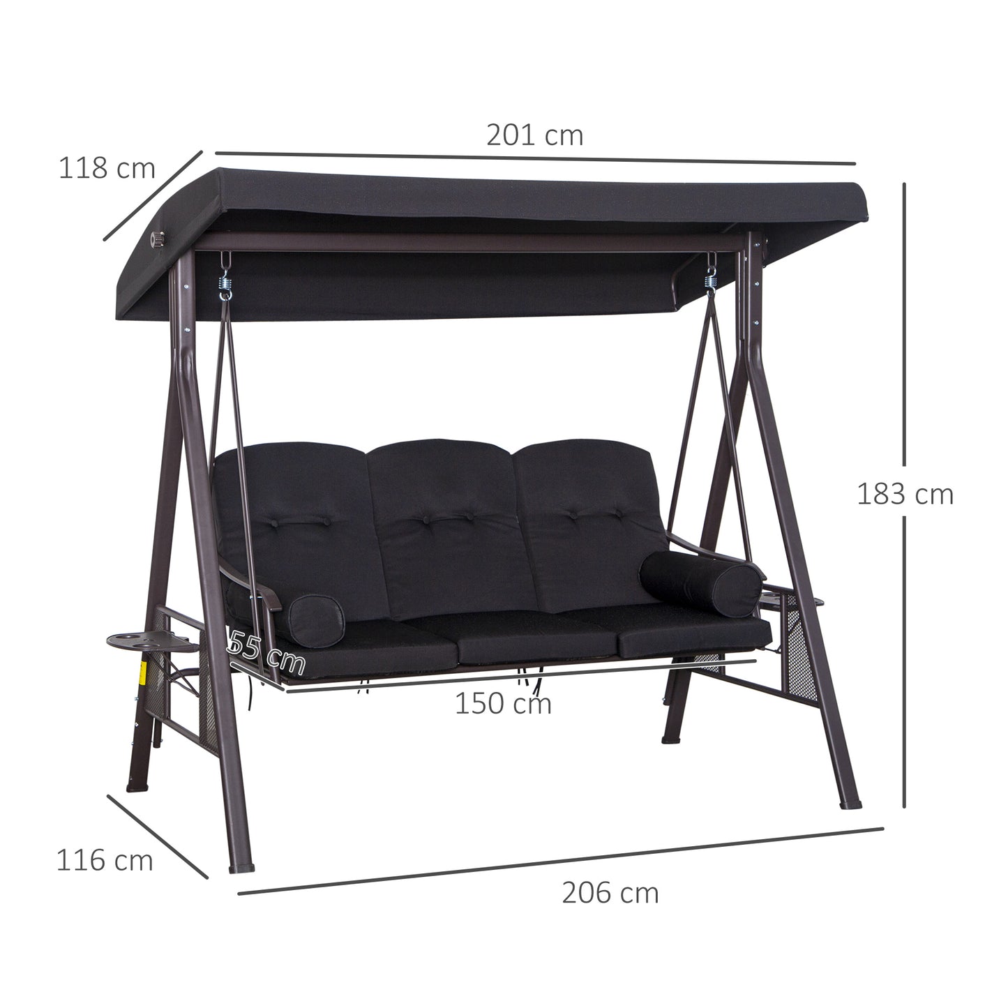 Outsunny Columpio De Jardín Exterior Con Toldo Curvo Y Almohadas De Brazo Negro_2
