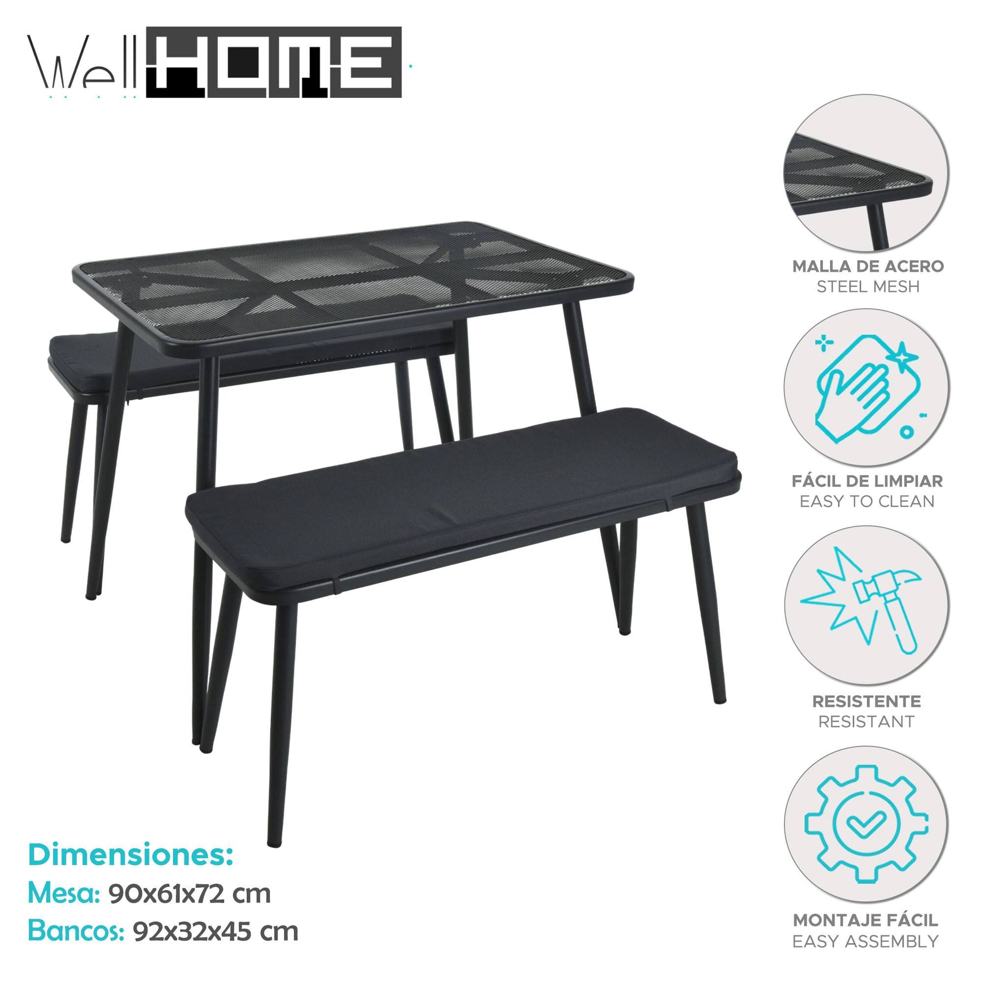 Well Home - Muebles De Jardín Mesa, 2 Sillas Malla Y Acero Con Cojines Gris Oscuro_1
