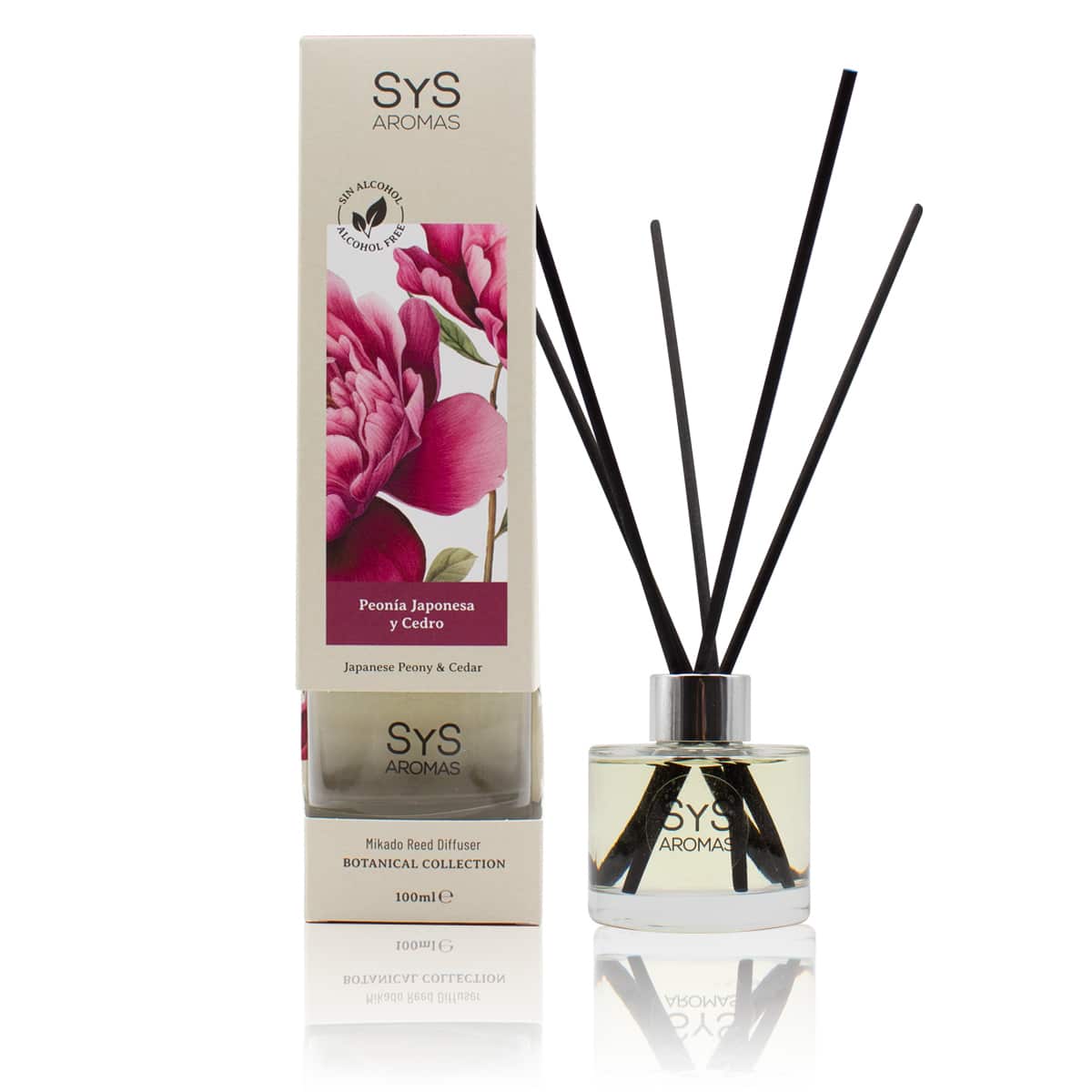 Sys Aromas Ambientador Mikado Peonía Japonesa y Cedro - Botanical - Sin Alcohol - Larga Duración - 100 Ml con 5 Varillas_1