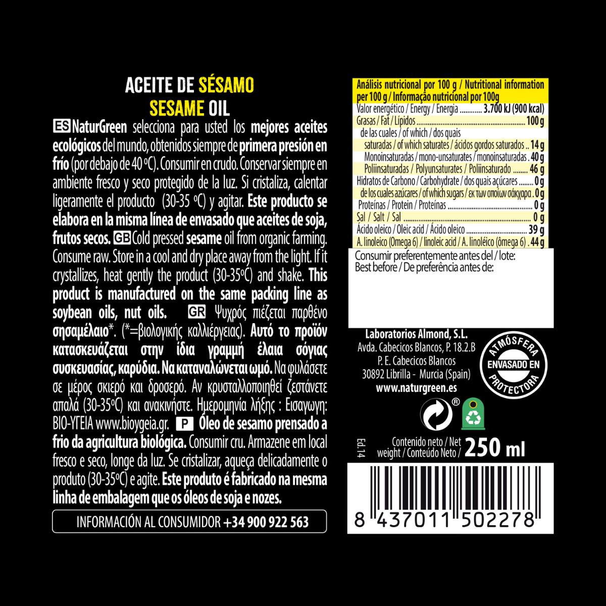 Óleo de sésamo biológico NaturGreen.