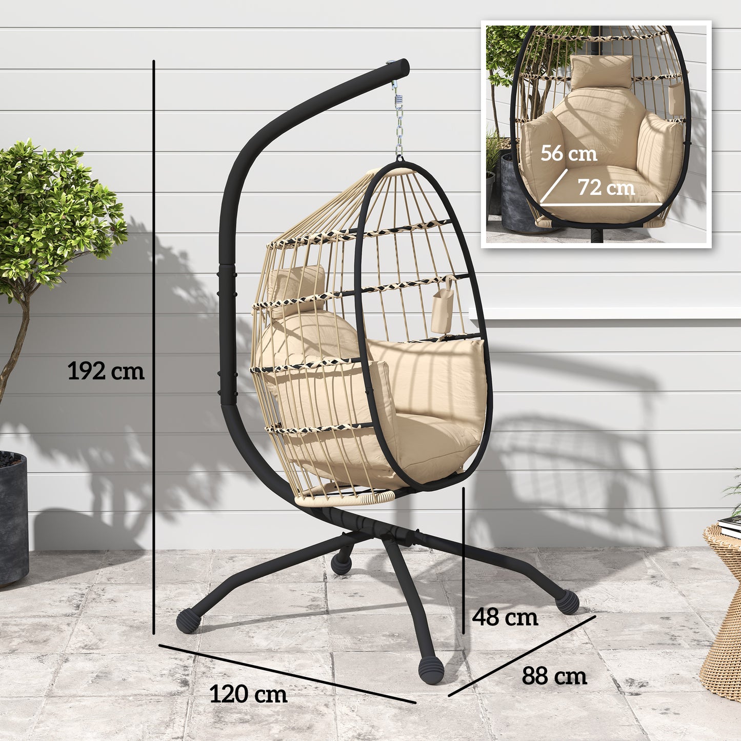 Outsunny Silla Colgante Huevo Con Soporte Cesta Plegable Cojín Carga 120kg Caqui_2