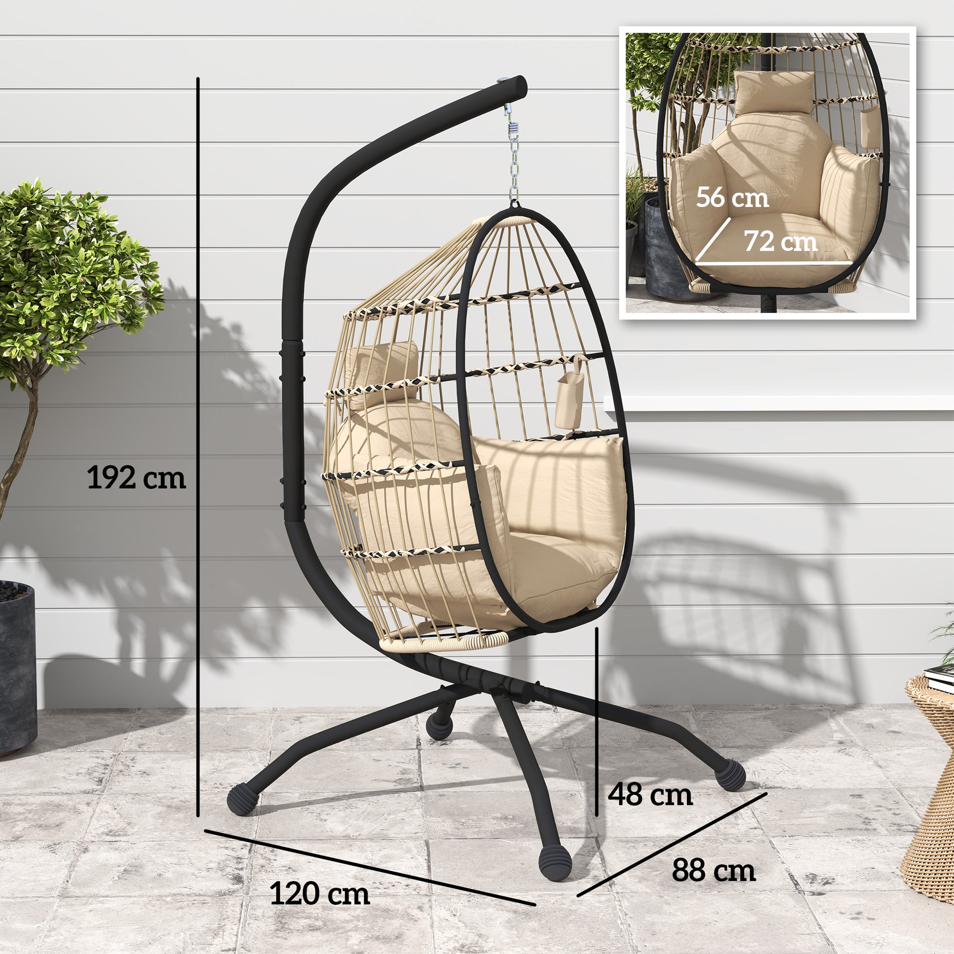 Outsunny Silla Colgante Huevo Con Soporte Cesta Plegable Cojín Carga 120kg Caqui_2