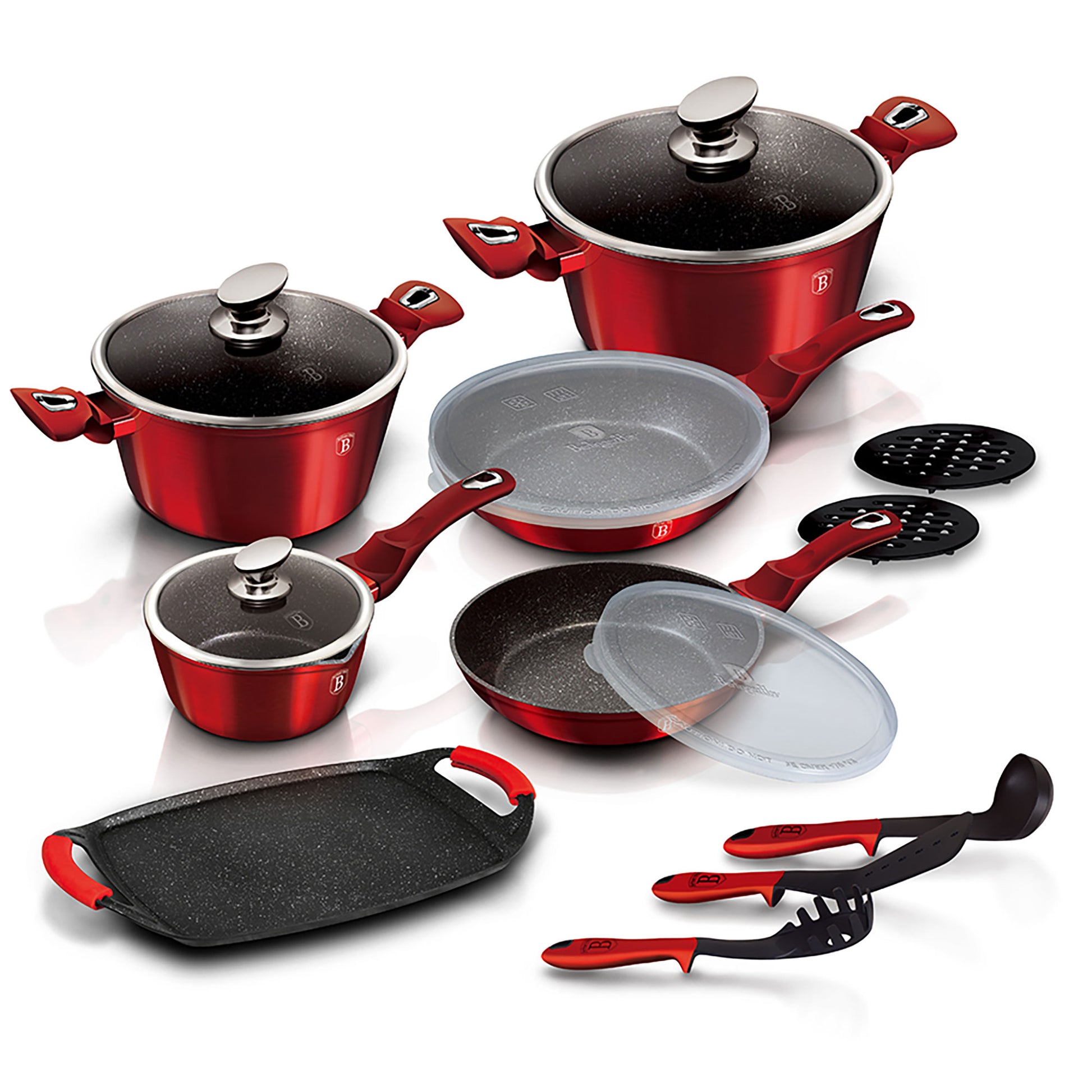Batería Cocina Inducción 14 Piezas, Antiadherente Sin Pfoa, Aluminio, Cazuelas Sartenes Plancha Berlinger Haus Burgundy Rojo_3