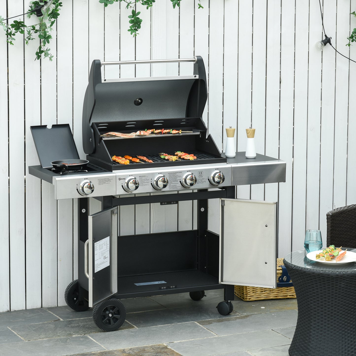 Outsunny Barbacoa De Gas Con Ruedas 5 Quemadores Armario Acero Inox. Bbq 3kw_1