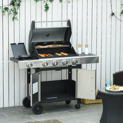 Outsunny Barbacoa De Gas Con Ruedas 5 Quemadores Armario Acero Inox. Bbq 3kw_1