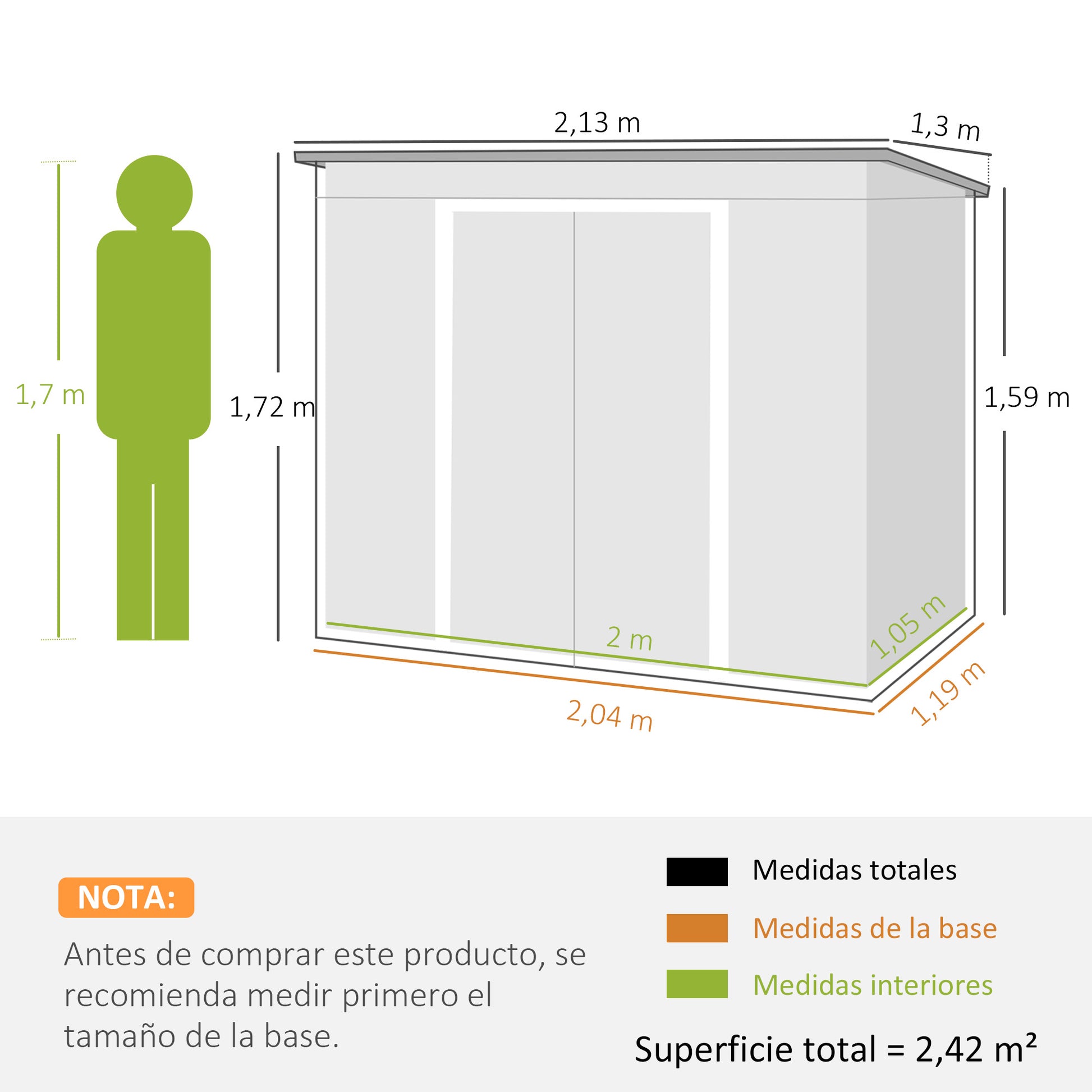 Outsunny Cobertizo De Jardín 213x130x172 Cm Base 2,42m² Con 2 Puertas Correderas_2