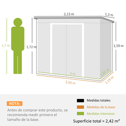 Outsunny Cobertizo De Jardín 213x130x172 Cm Base 2,42m² Con 2 Puertas Correderas_2