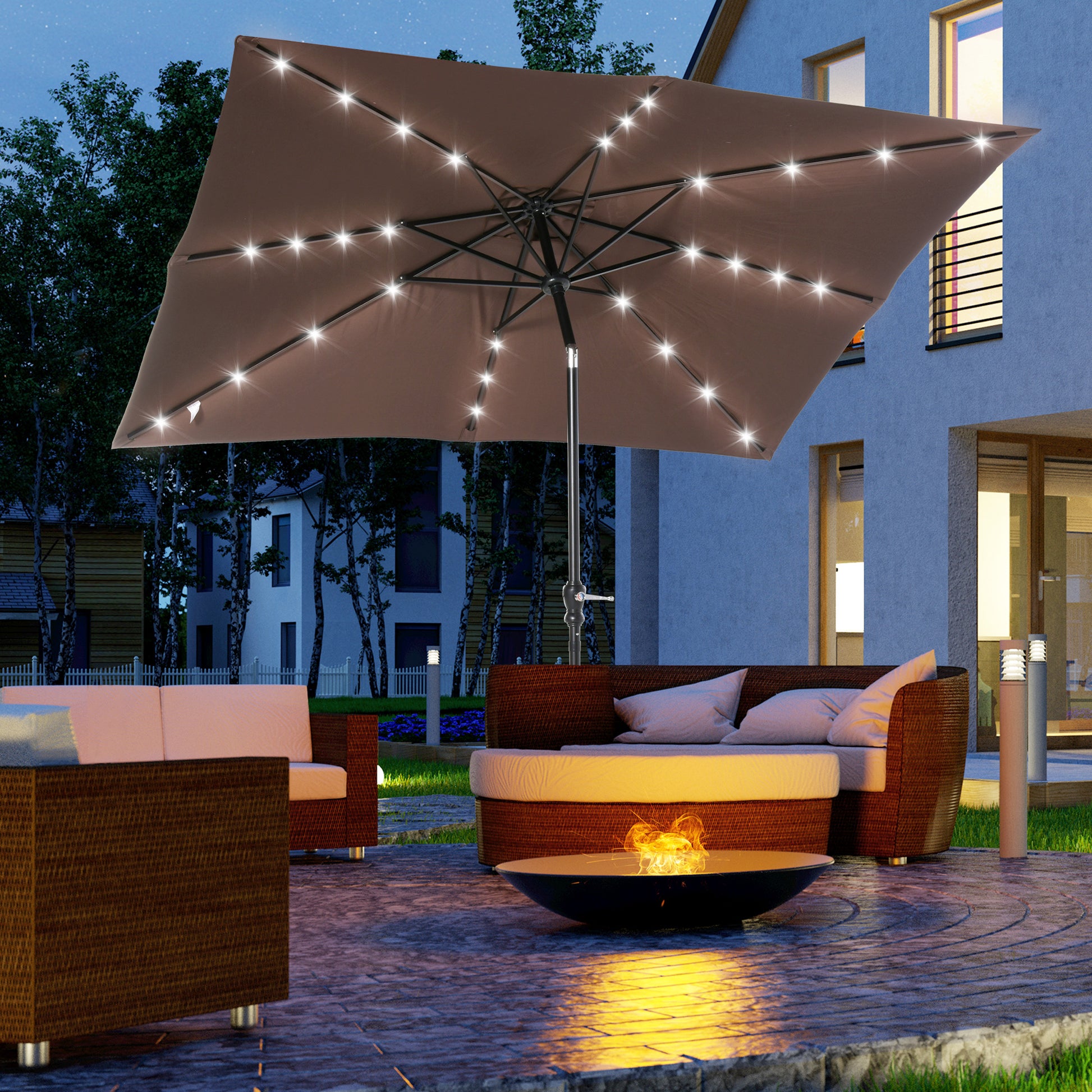 Outsunny Sombrilla De Jardín 2,7x2x2,5 M Con Techo Inclinable Luces Led Marrón_1