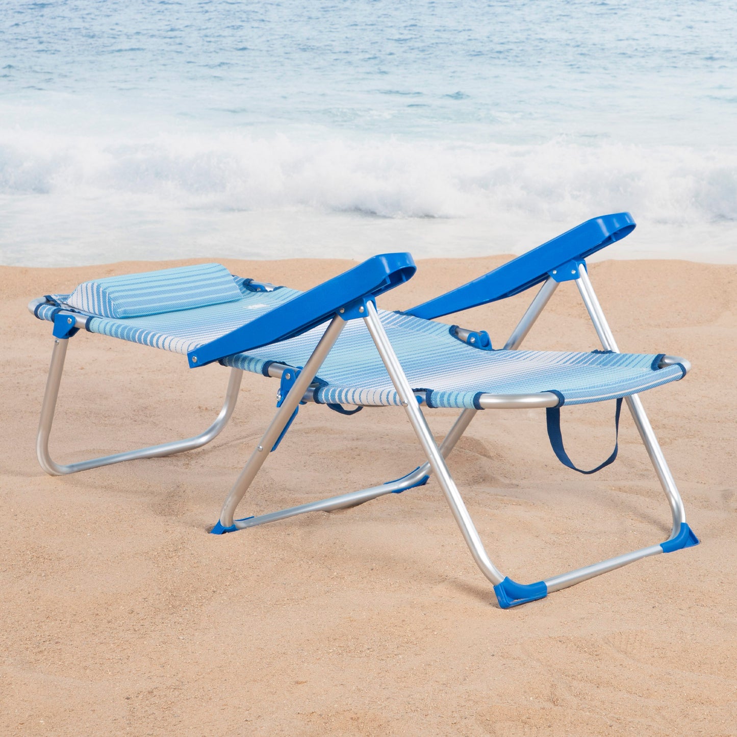 Aktive Pack 2 Sillas Plegables Playa 48x60x90 Cm Rayas Azul 5 Posiciones Con Cojín Y Asa_2