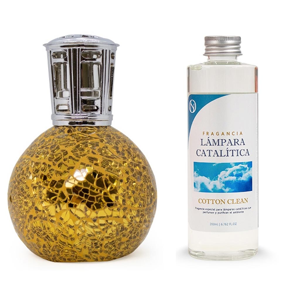 Lámpara Catalítica Mosaico Dorado + Aroma Cotton Clean 200 Ml - Elimina Malos Olores, Impurezas Y Perfuma_0