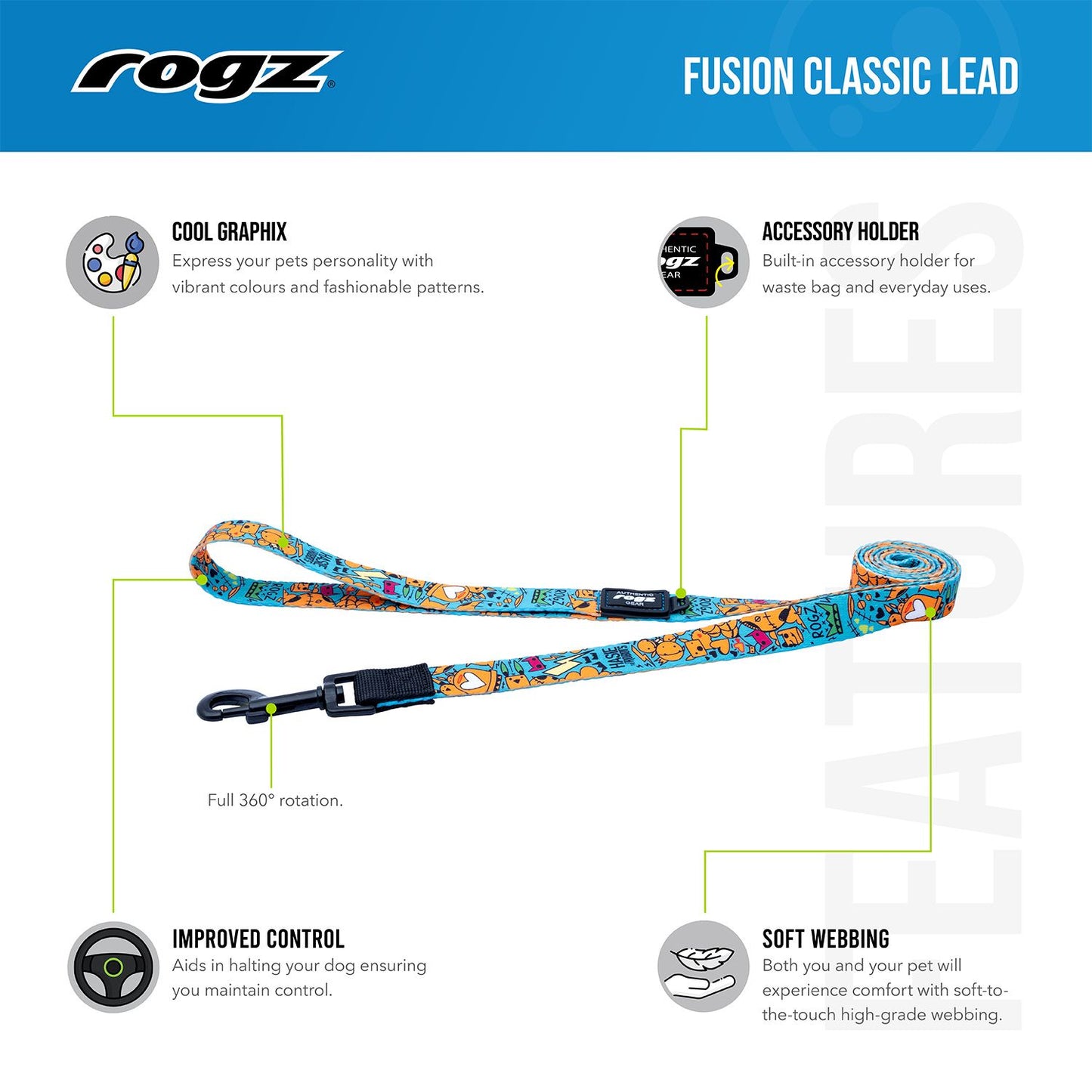 Correa Para Perro, Modelo Fusion De Rogz, Estampado Graffiti Azules. Talla L (21-40kg)_2