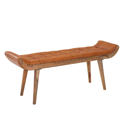 Banco De Cuero Y Madera Maciza 125x50x38 Cm_0
