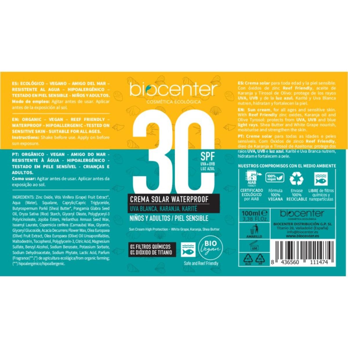Protetor solar natural Biocenter tamanho viagem 100 ml