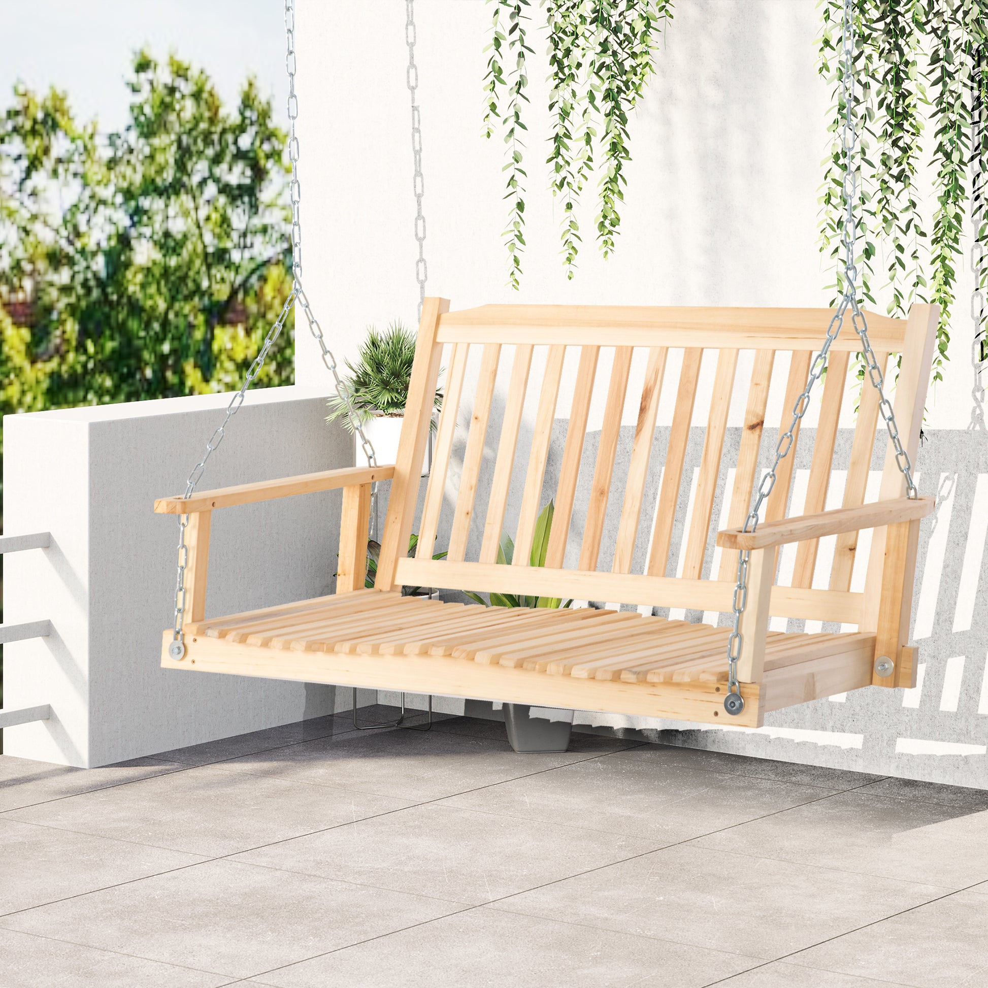 Outsunny Banco Columpio De Madera De 2 Plazas Con Reposabrazos Cadenas Ajustable_1