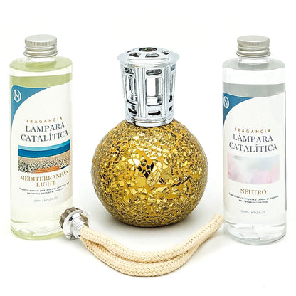 Pack Lámpara Catalítica Mosaico Dorado + Fragancia Mediterranean Light 500ml + Limpiador Neutro 200ml + Mecha Repuesto_0