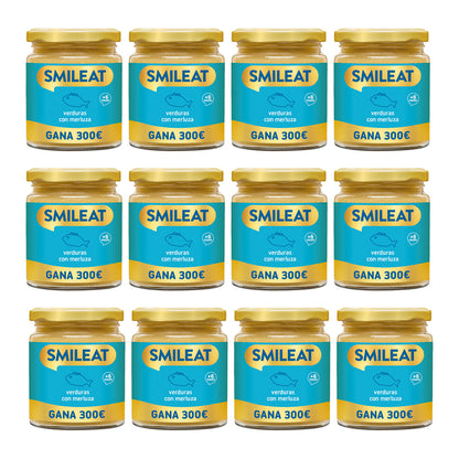 Embalagem de 12 frascos de vegetais e pescada biológica Smileat +6 meses 230g