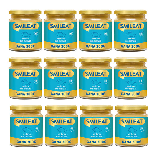 Embalagem de 12 frascos de vegetais e pescada biológica Smileat +6 meses 230g