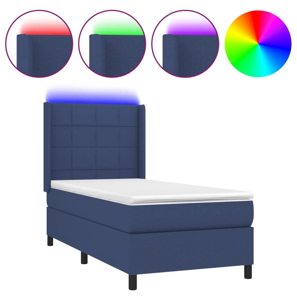 Cama Box Spring Colchón Y Luces Led Tela Azul 90x200 Cm / Vetonek_0