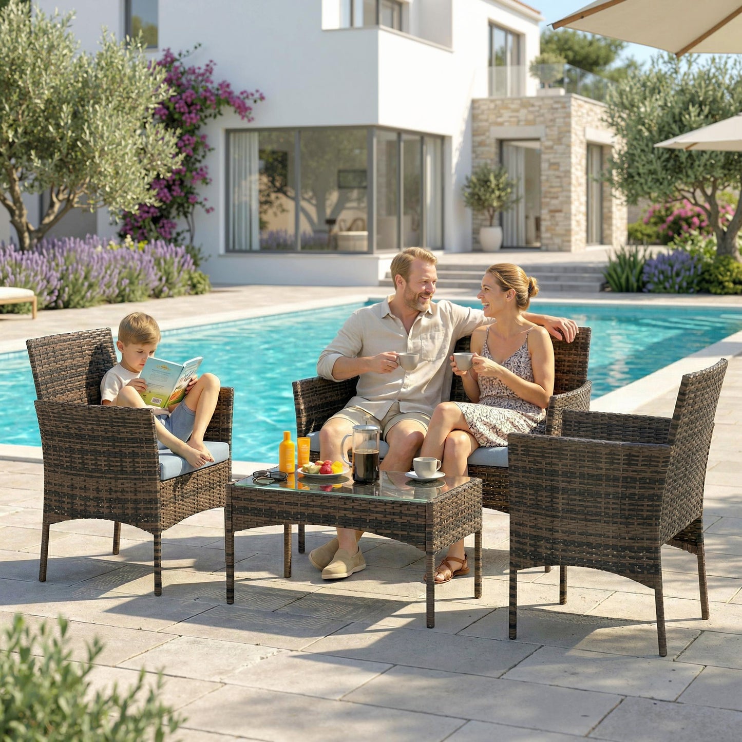 Outsunny Conjunto Jardín Exterior De Ratán Sintético Con Cojines Marrón Y Gris_3