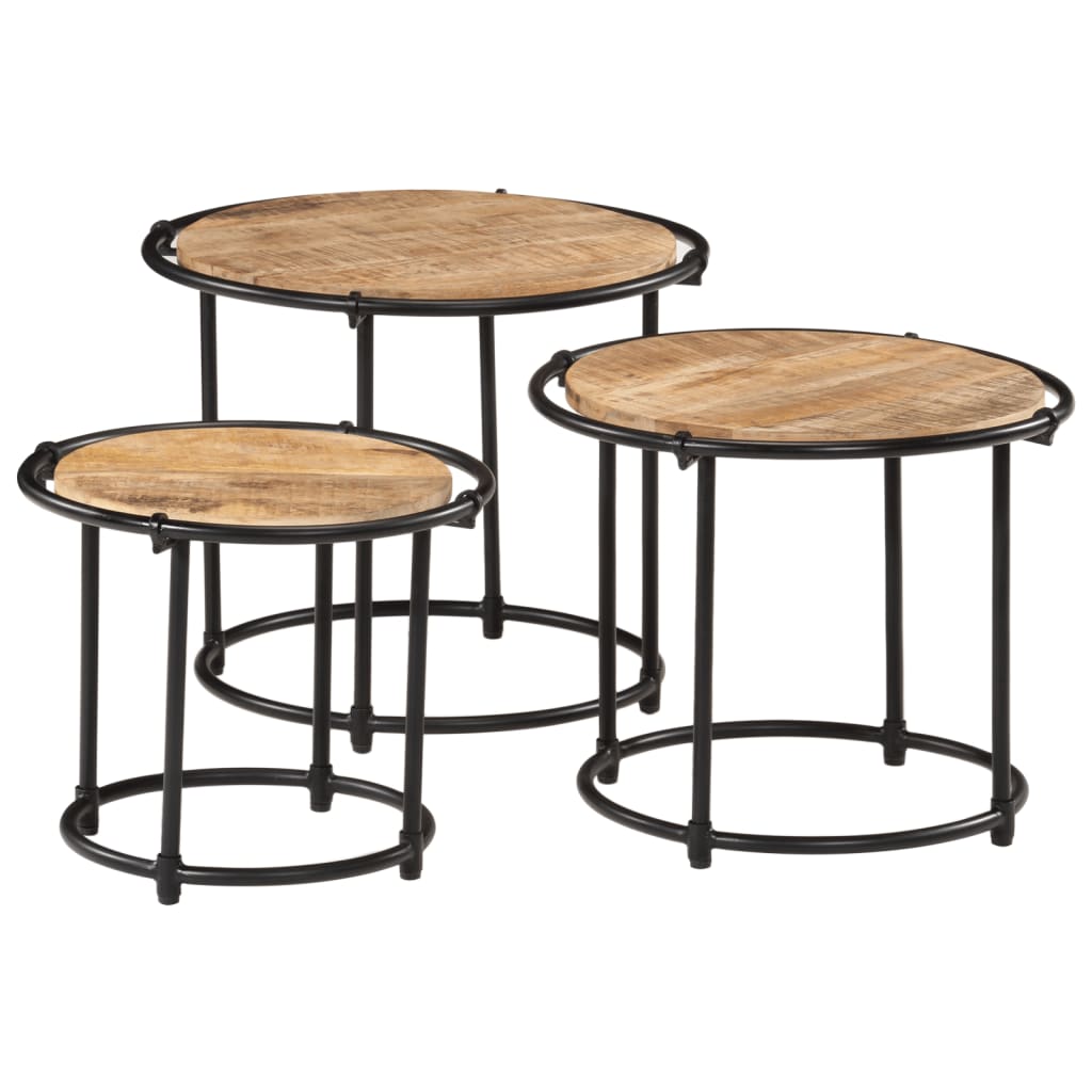 Mesas Apilables 3 Piezas Madera Maciza De Mango Rugosa_0