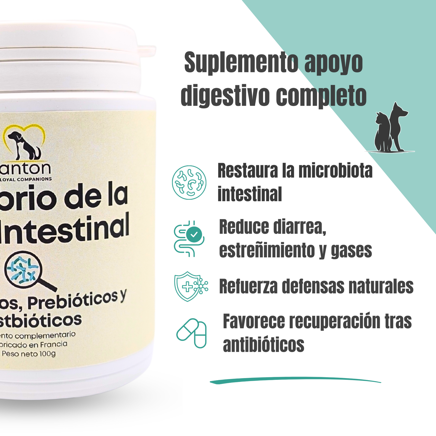 Suplemento natural para perros y gatos – Equilibrio Flora Intestinal Probióticos, Prebióticos y Postbióticos 100 g_1