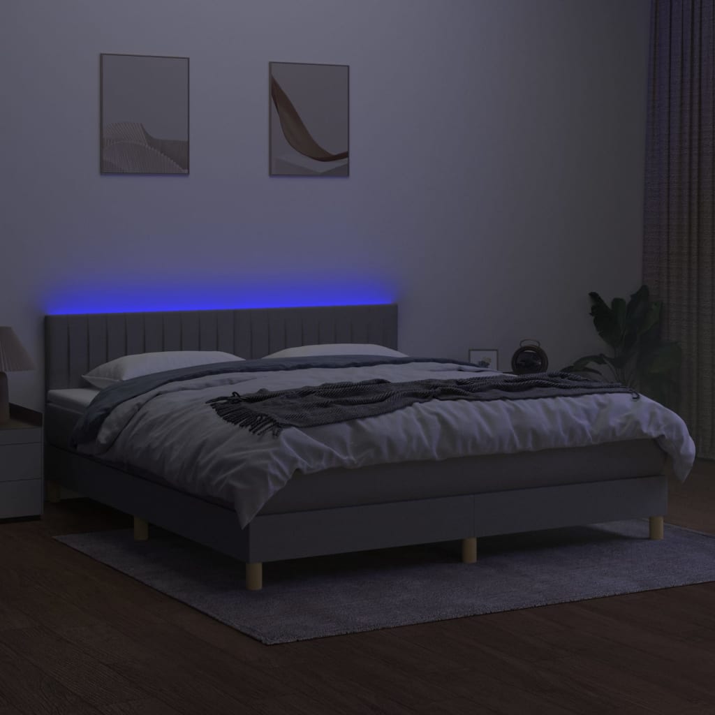 Cama Box Spring Con Colchón Tela Y Led Gris Claro 160x200 Cm / Vetonek_5