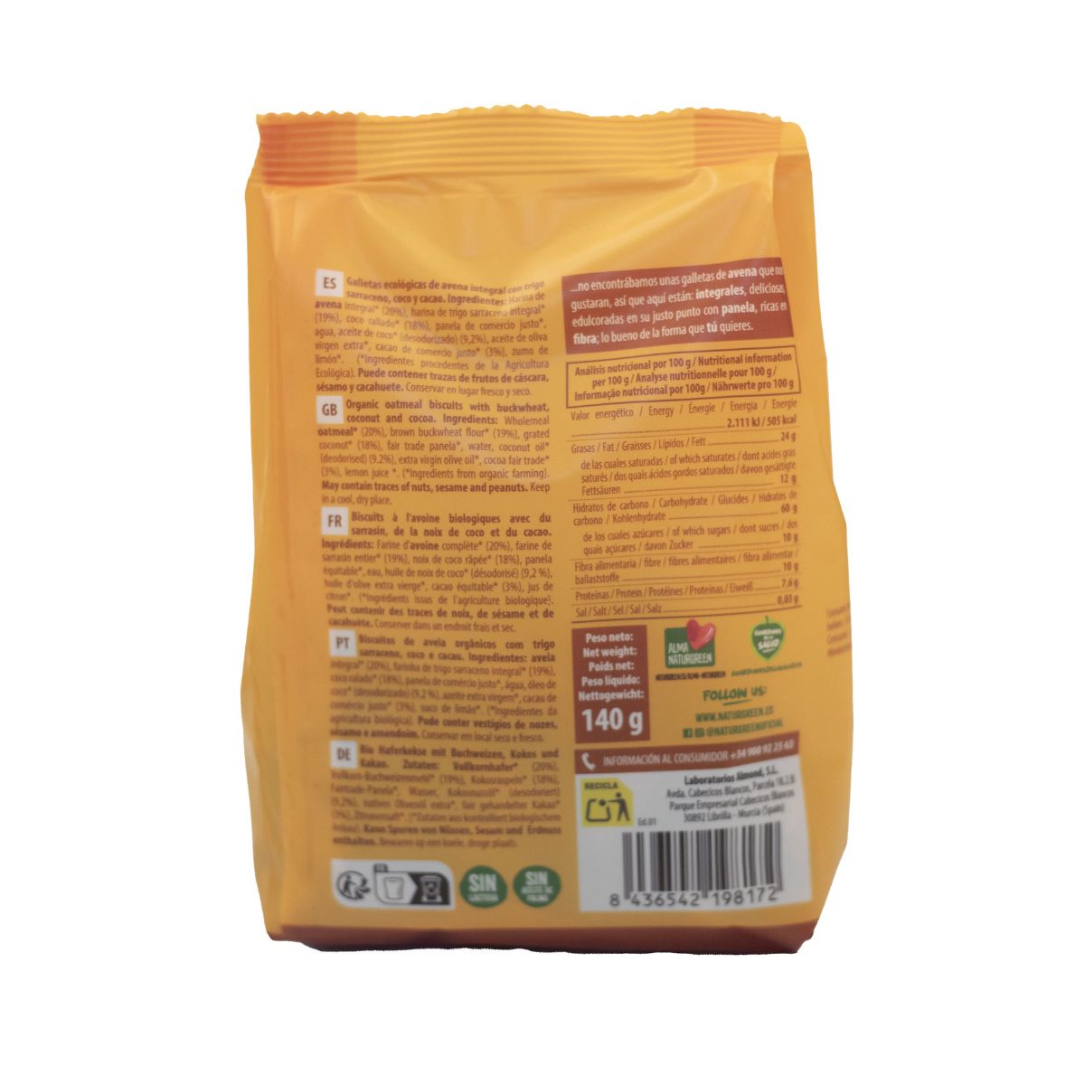 Bolacha de Aveia Integral com Trigo Sarraceno, Coco e Cacau Bio NaturGreen 140 g