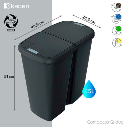 Papelera Con 2 Tapas Independientes Color Negro Keden De 45l._1