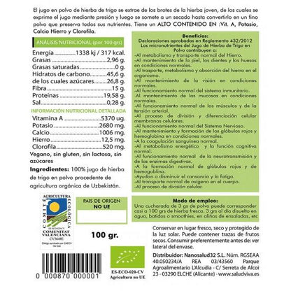Sumo de erva de trigo biológico em pó 100g, Salud Viva