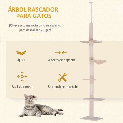 Pawhut Árbol Para Gatos De Suelo A Techo De 230-260 Cm Con Plataformas Beige_3