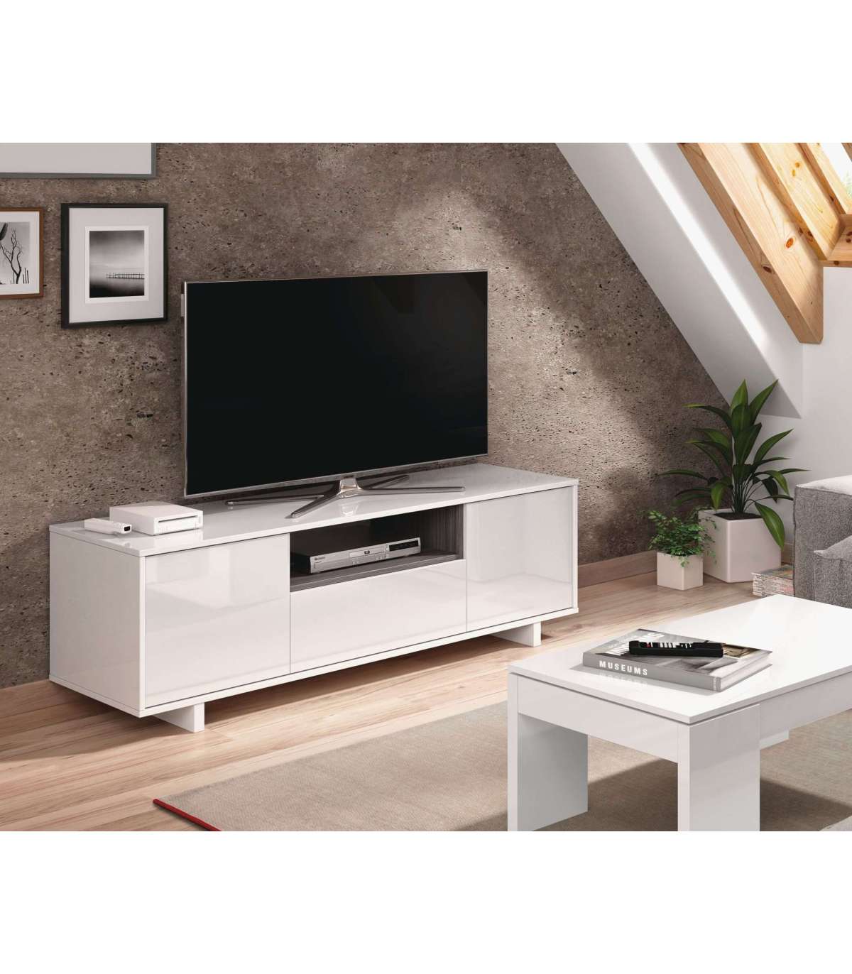Modulo Bajo Television Zubia En Acabado Blanco/gris Ceniza 46 Cm(alto)150 Cm(ancho)41 Cm(largo)_1