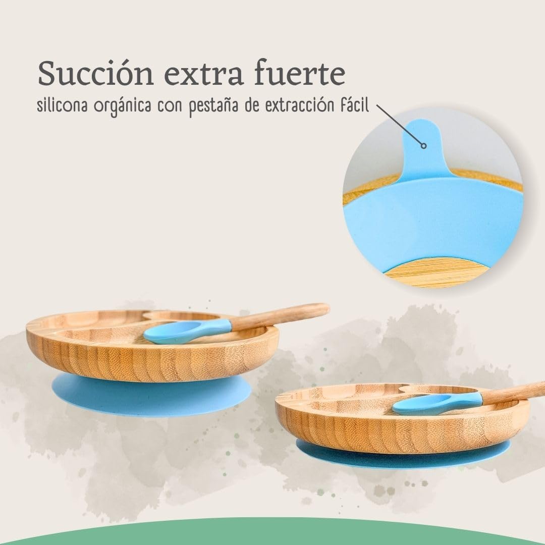 Vajilla De Bambú Natural Para Bebé Con Ventosa Antideslizante 2 Piezas Althea Living Azul Capri_5