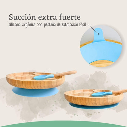 Vajilla De Bambú Natural Para Bebé Con Ventosa Antideslizante 2 Piezas Althea Living Azul Capri_5