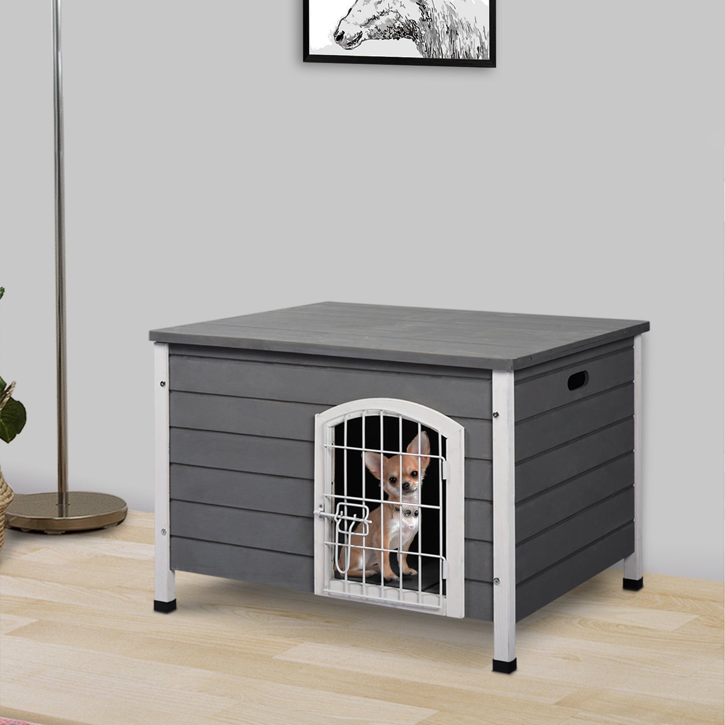 Pawhut Caseta Perros De Madera Con Puerta De Alambre Y Cerradura 80x55x53,5 Cm_1