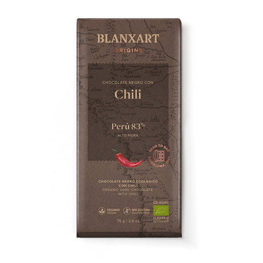 Chocolate Perú 83% con chili Eco Vegano Sin gluten Blanxart 75g