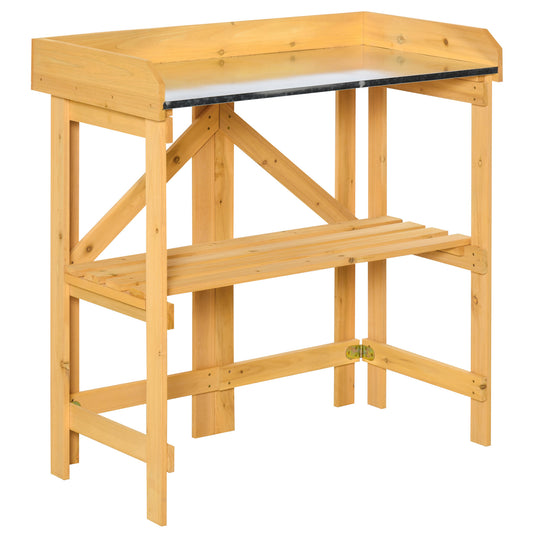 Outsunny Mesa De Plantación Plegable De Madera Con Placa De Zinc Y Estante_0