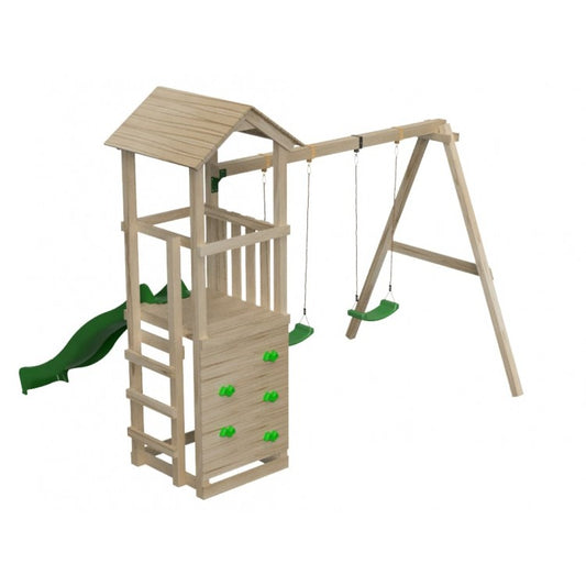 Parque Infantil Masgames Carlit L Techo De Madera Pared De Escalada Y Columpio Doble._0