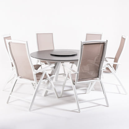 Conjunto De Mesas Y Sillas De Jardín, Redonda 130 Cm, Blanco, Cristal Templado + 6 Sillones Reclinables_2