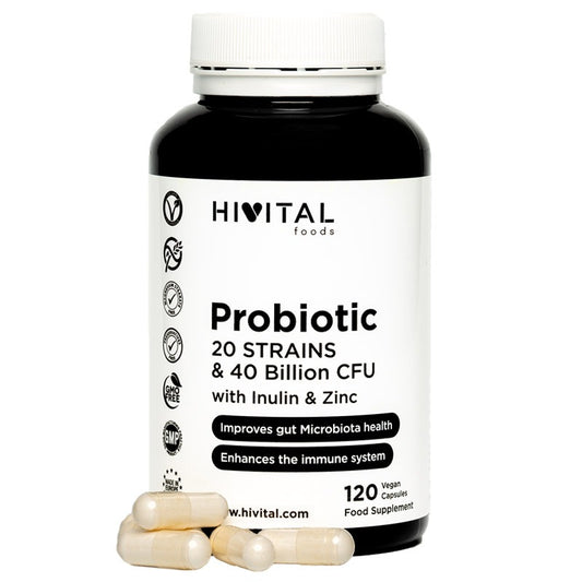 Probiótico 20 estirpes 40 biliões de UFC com inulina e zinco Hivital 120 cápsulas vegan
