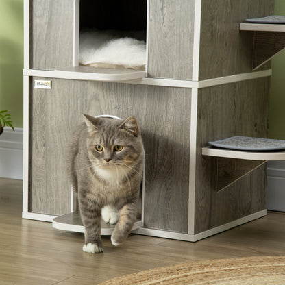 Pawhut Caseta Para Gatos De Madera Con 3 Cojines 2 Orificios 68x53x80,5 Cm Gris_4