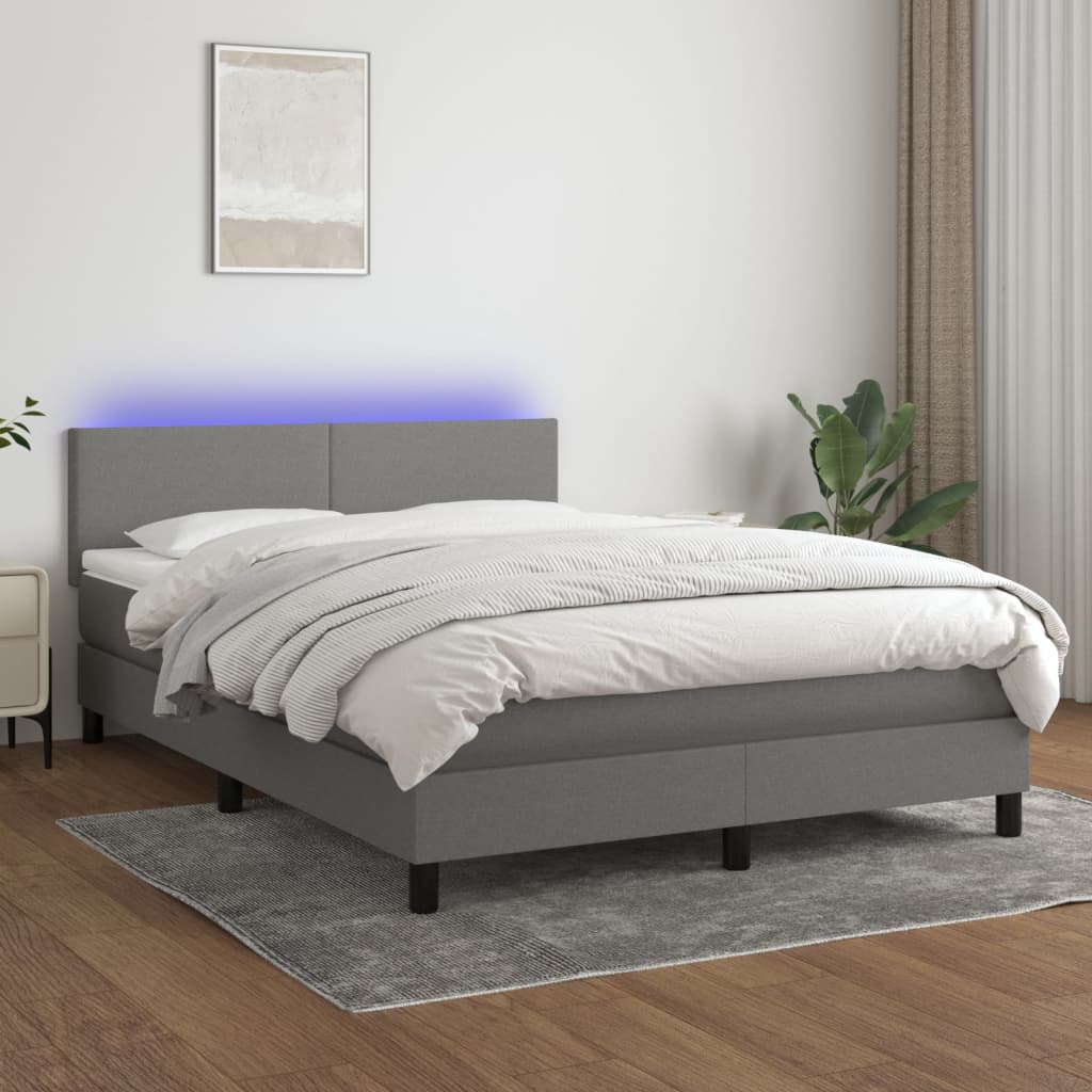 Cama Box Spring Con Colchón Y Led Tela Gris Oscuro 140x190 Cm / Vetonek_1