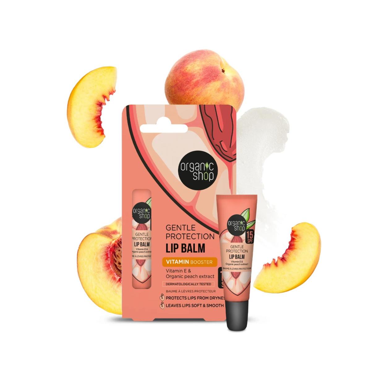 Bálsamo labial de proteção suave FPS 15 com vitamina E e extrato de pêssego, Organic Shop 10 ml