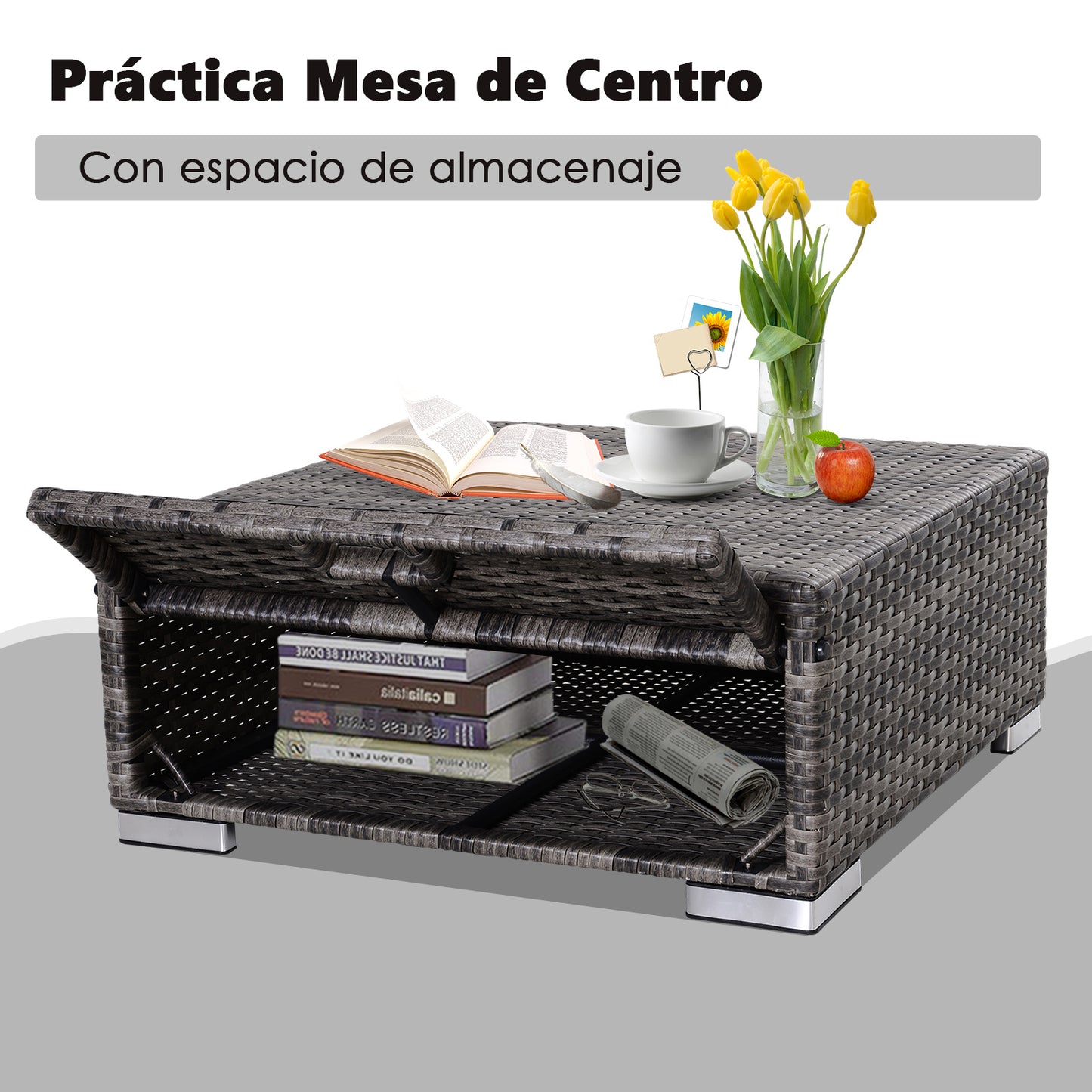 Outsunny Conjunto De Sofás De Ratán 3 Piezas Almacenaje Respaldo Ajustable Gris_5
