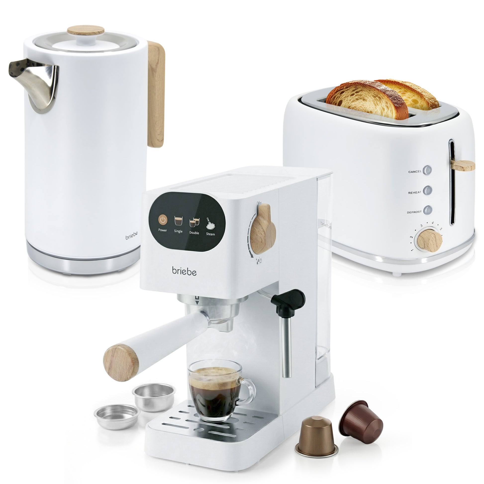 Briebe Nordic Set Cafetera Espresso 20 Bares, Tostadora Pan 2 Rebanadas, Hervidor Eléctrico Agua 1,7l, Skt1209wht,blanco_0