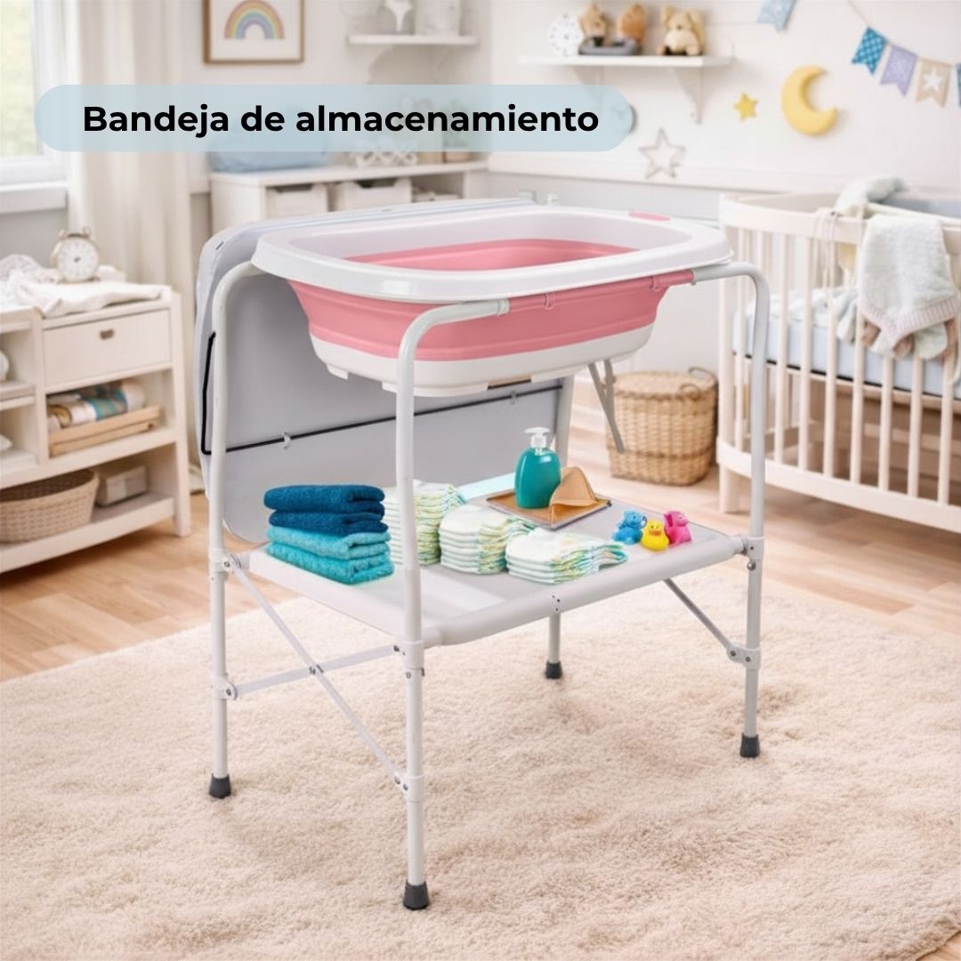 Bathby | Bañera Bebé 5 En 1 Plegable Con Soporte, Cambiador, Bandejas, Desagüe (rosa Standard)_4