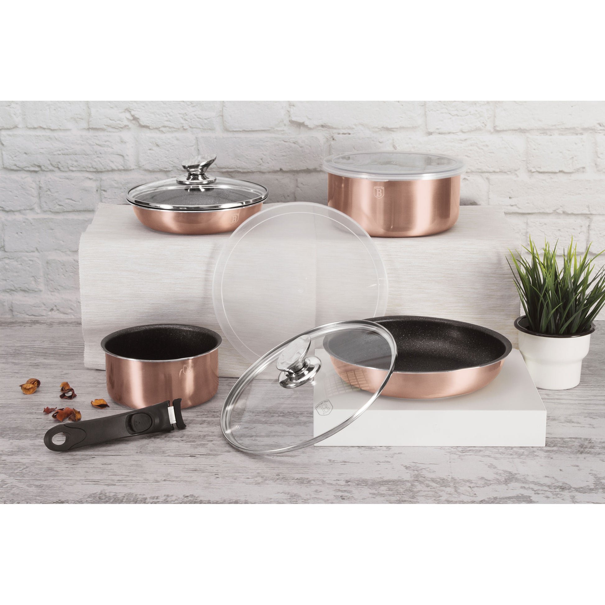 Batería De Cocina Aluminio Forjado 9 Piezas, Inducción, Asa Extraíble, Cazuelas Apilables Tapas Berlinger Haus Rose Gold Oro Rosado_1